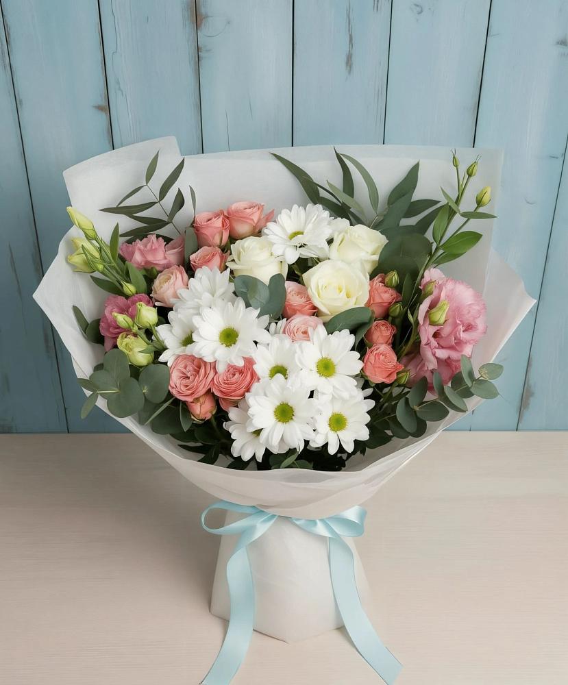 Букет цветов из: Розы, Лизиантусы и Хризантемы в Малой Пурге
