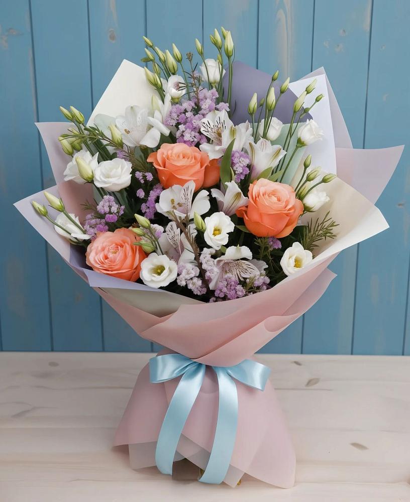 Букет цветов из: Лизиантусы, Розы, Альстромерии и Гипсофила в Малой Пурге