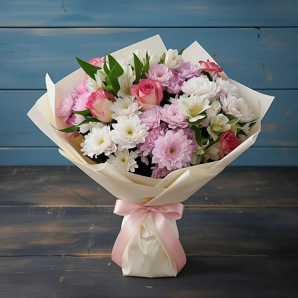 Букет цветов из: Хризантемы, Альстромерии и Розы в Малой Пурге